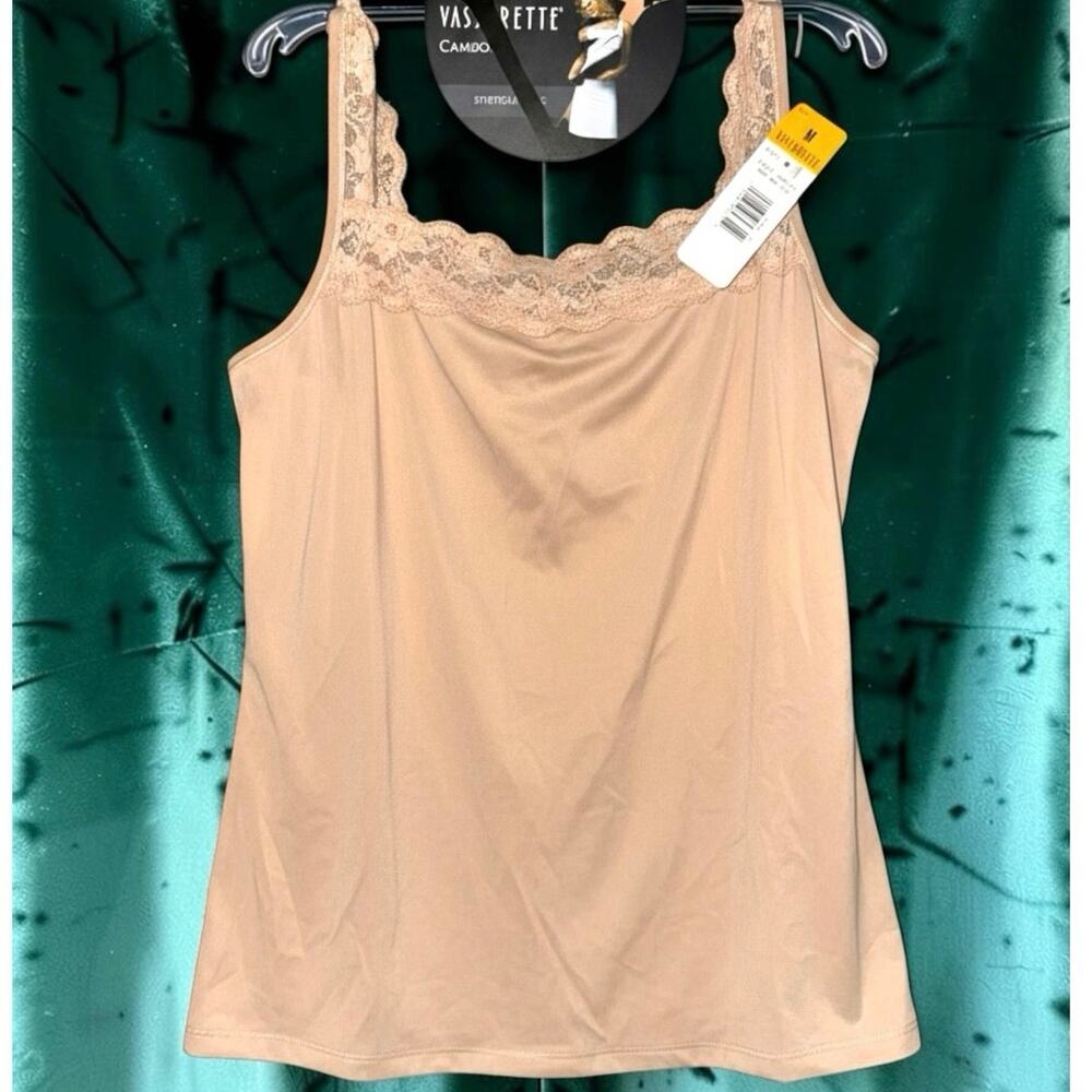 NWT Vassarette Black Lace Trim Microfiber Camisole Top M Square Neck Coquette